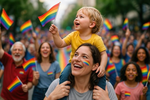 Pride Parade with Joyful Crowd as Diverse People Celebrate and Wave Rainbow Flags in Festive Urban Setting photo