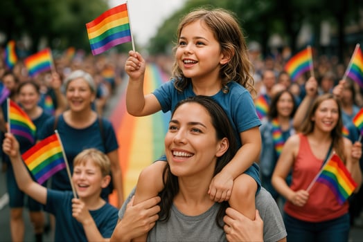 Pride Parade with Smiling Child on Woman's Shoulders Waving Rainbow Flag in Colorful Celebration photo