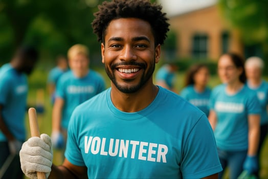 Volunteer Holding a Shovel at Community Park Cleanup Event on a Sunny Day with Diverse Group of Volunteers in Background photo