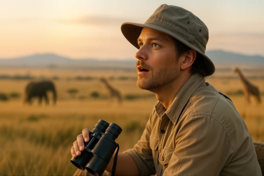 Safari Enthusiast Observing Wildlife with Binoculars during Golden Sunrise in African Savanna with Elephants and Giraffes in Background photo