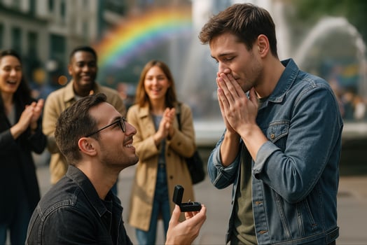 Engagement Proposal Gay with Rainbow Background in Urban Park as Man Kneels Holding Ring Before Surprised Partner Surrounded by Friends Celebration photo