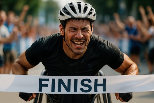 Wheelchair Racer Triumphantly Crossing Finish Line during Competitive Race Event on Sunny Day photo