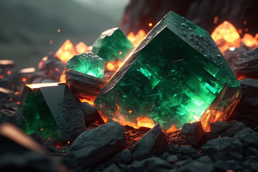 Glowing Emerald Crystals Amidst Fiery Rocks stone photo