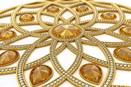 Intricate golden fractal pattern with amber and diamond gems photo
