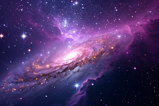 Swirling purple and pink galaxy with bright stars space photo