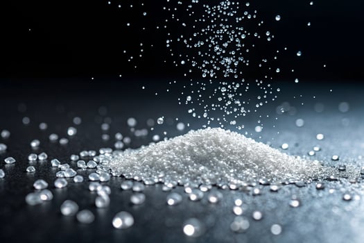 White granular substance falling onto pile of crystals photo