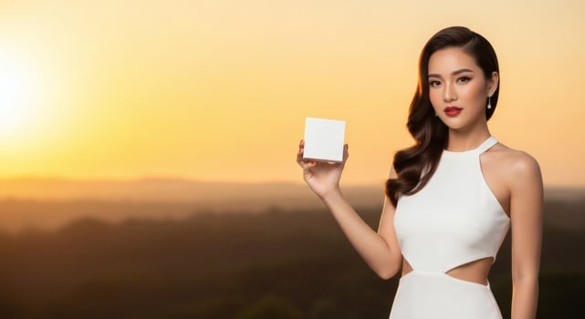 Elegant Woman Presents White Product Box Against a Golden Sunset Vista photo