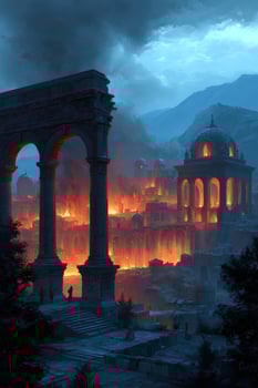 Ancient city architecture burning in the night, landscape, travel, destruction photo
