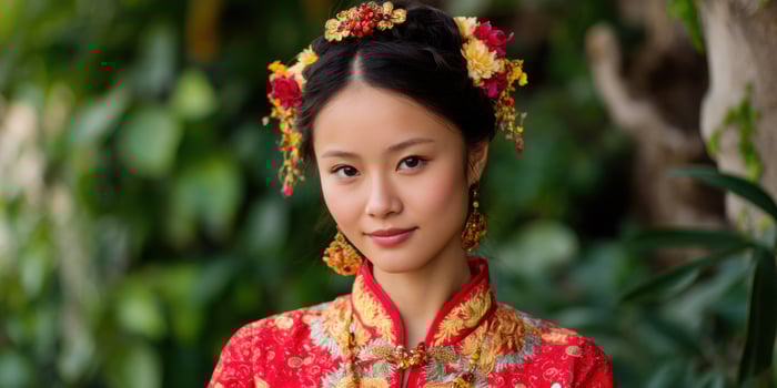 Asian bride in traditional dress stands outside, flower crown, for advertising photo