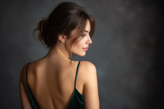 Attractive woman turns to look over shoulder against dark background for beauty ad photo