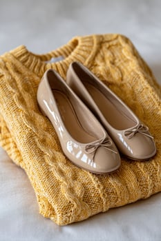 Ballerinas on sweater for fashion blog. Cozy background, fashion concept photo