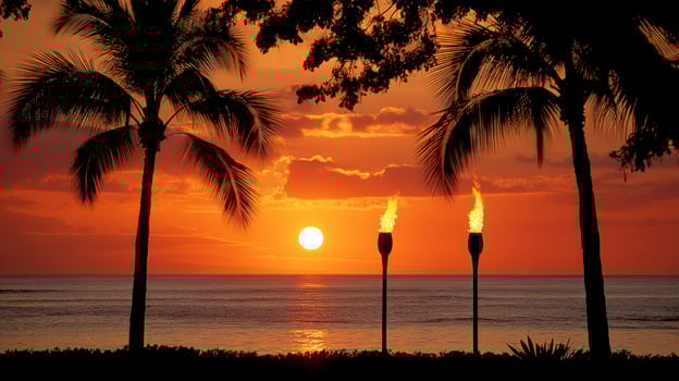 Beach sunset with ocean view and tiki torches, idyllic vacation wallpaper photo