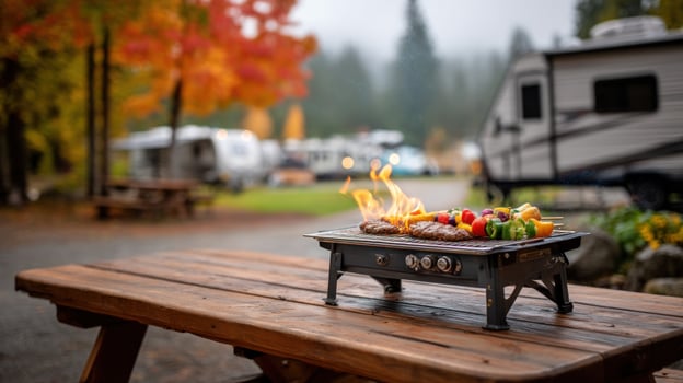 Bbq on wooden table in campsite with flame, rv and trees, for tourism ad photo