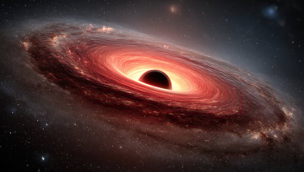Black hole warping spacetime, sucking up matter in a spiral galaxy. Cosmology photo