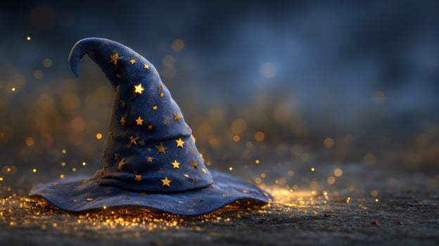 Blue wizard hat on wood surface, magic sparkles, dreamy background for invitation photo