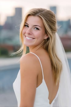 Bride smiles on rooftop with city skyline at sunset for wedding day promotion photo
