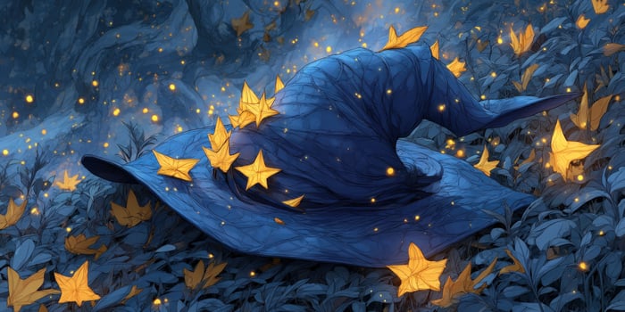 Blue magic hat lies with glowing leaves in an enchanted forest illustration photo
