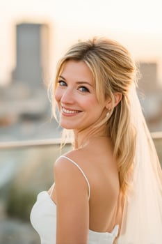 Bride smiles during outdoor wedding in city. Editorial use for events, love photo