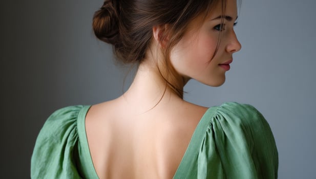 A woman in a green dress with her back turned photo
