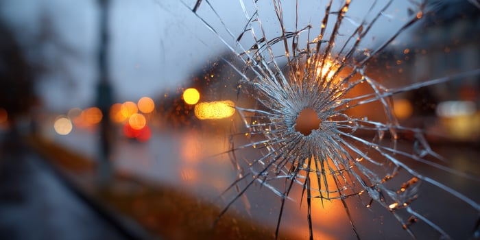 Broken glass crack window with city traffic background for damage concept photo