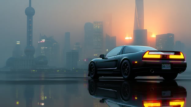 A car parked in front of a city skyline photo