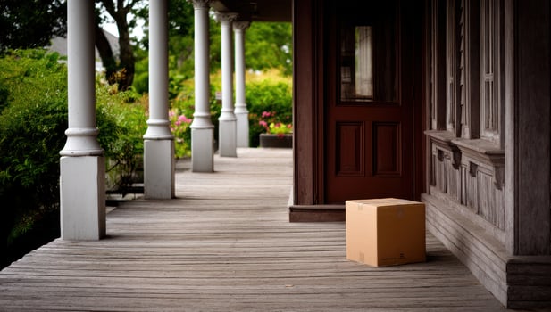 Cardboard box is left on veranda of old traditional Japanese house. Delivery use photo