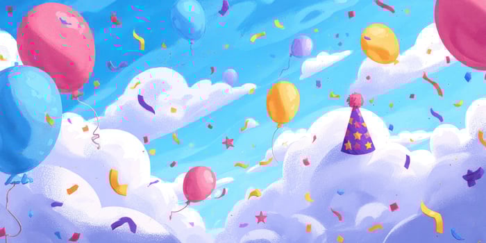 Cartoonish sky celebration, balloons float with party hat, confetti illustration photo