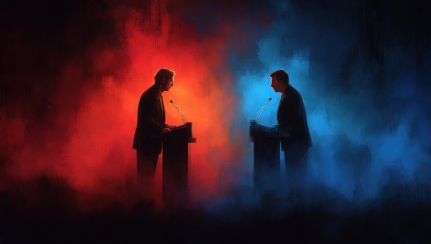 Candidates debate issues at lecterns, opposing views, red vs blue background photo
