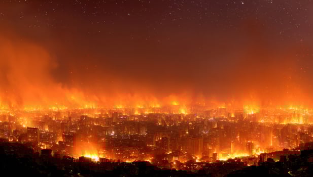 City skyline engulfed in flames at night sky view, possible disaster background photo
