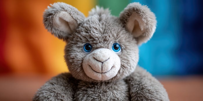 Close-up of stuffed bear with rainbow colors in background, used for kids photo