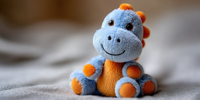 Cute dinosaur plush sits on soft bedding indoors, promoting calm and joy photo