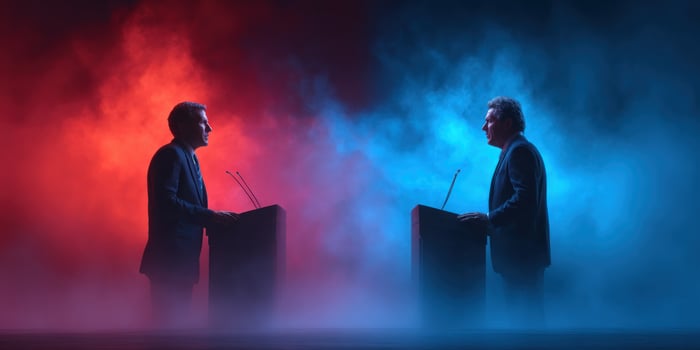 Debate stage, two speakers argue in smoky setting for vote appeal photo