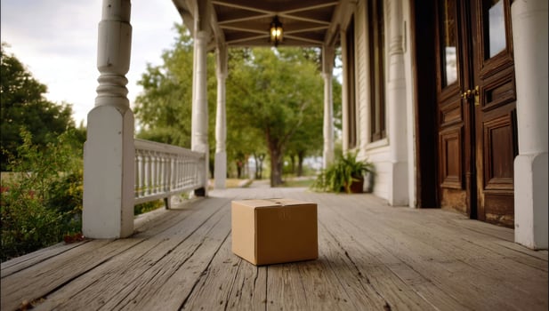 A cardboard box sits on the porch of a house photo