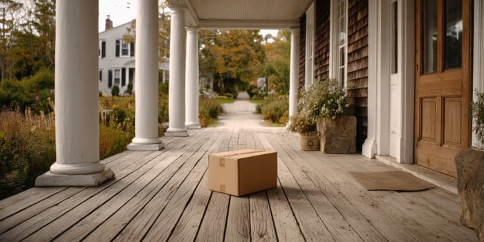 Delivery box on porch of house on quiet street. Mailing supplies for home photo