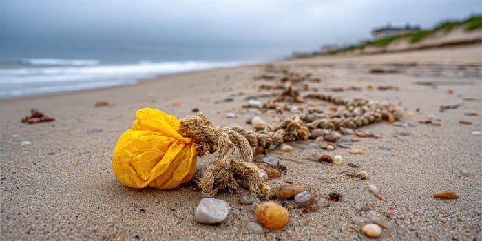 Discarded plastic with rope on beach, near the ocean. Environment pollution photo