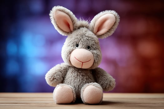 Easter bunny plush sitting, holiday decor on wooden table, lights bokeh background photo