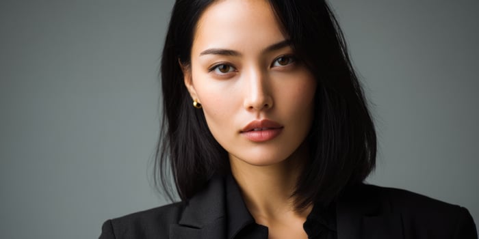 Elegant Asian woman posing in business suit, showcasing confidence and professionalism photo
