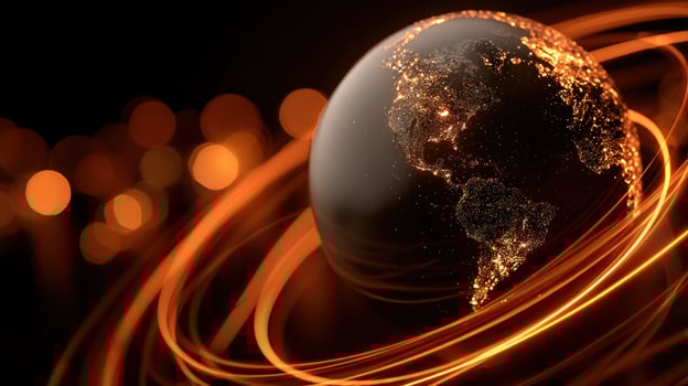 Earth in Space Globe with city lights, ringed by glowing lines, for presentations photo