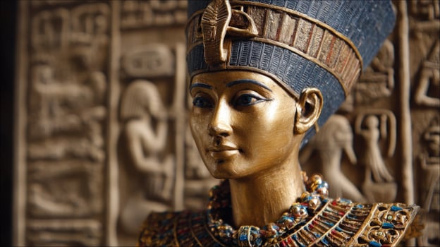 Egyptian queen statue detail view, ancient artifacts background, tourism use photo