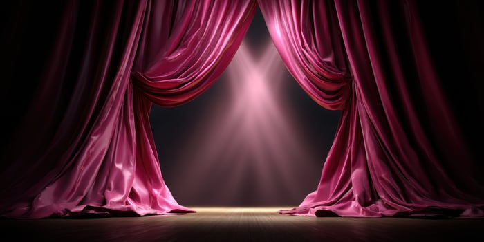 Elegant pink velvet curtains reveal stage. Lights beam on the empty wood floor photo