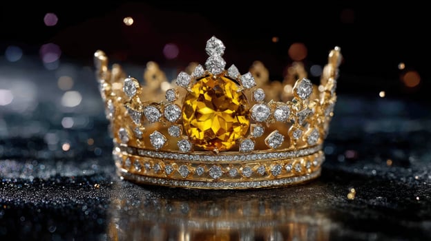 Elegant crown with golden stone and diamonds on glitter surface, festive light background photo