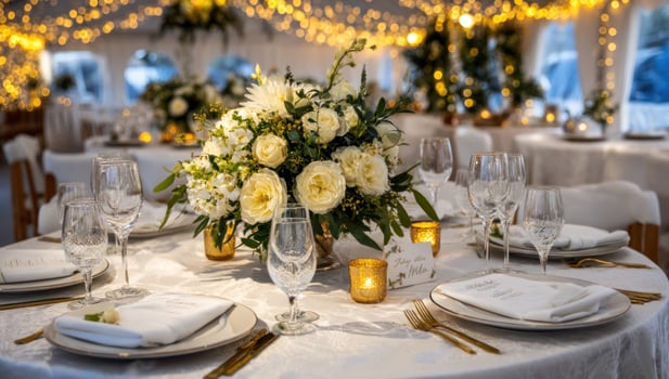 Elegant wedding table setting in a tent with floral centerpiece and soft lighting photo