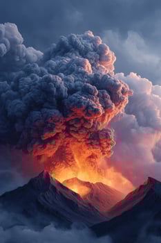 Eruption of a volcano with smoke and lava, surrounded by clouds, for education photo