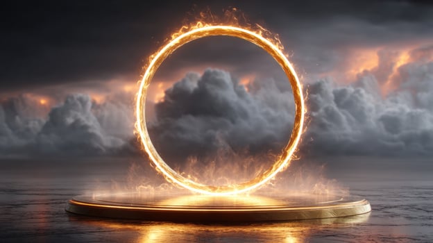 Fiery portal ring on a pedestal against a stormy sky for digital art design photo