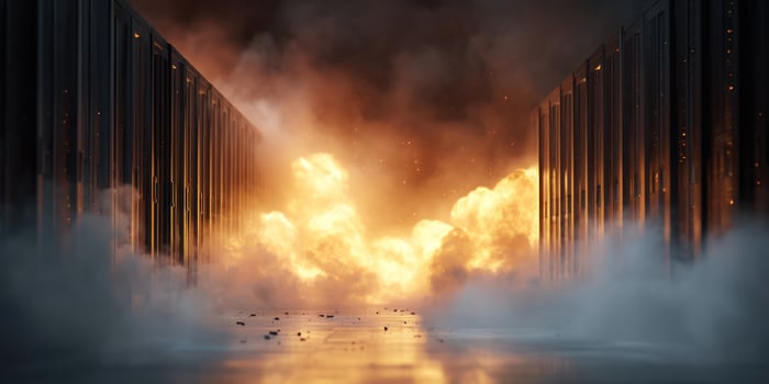 Fiery explosion between buildings with smoke and debris background, risk photo