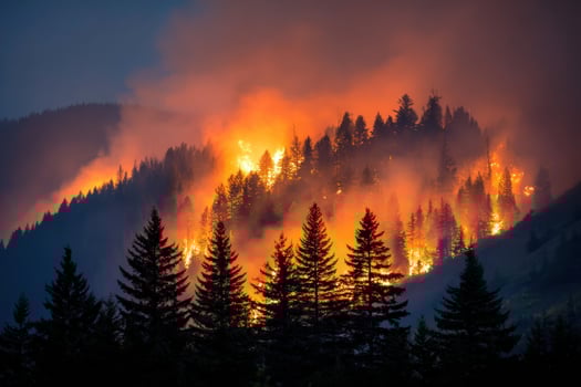 Forest fire burning trees on mountain, wildfire threatens nature and wildlife photo