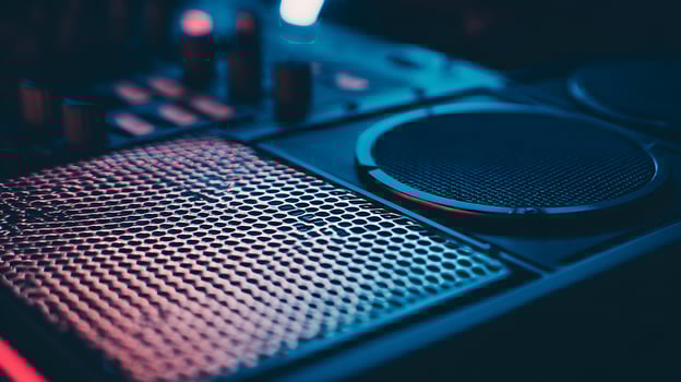 Abstract close up of electronic equipment with blue and red lighting. photo