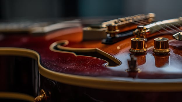 Gleaming Gold Knobs on a Red Guitar Body Close Up. photo