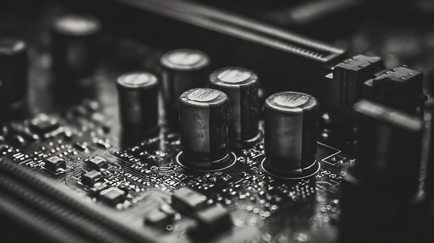 Extreme Close Up of Computer Circuit Board Components in Black and White. photo