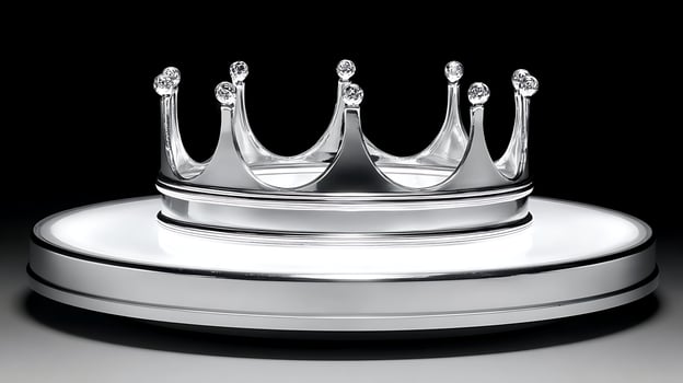 Gleaming Silver Crown Adorned with Sparking Gems on a Pedestal. photo